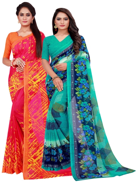 

KALINI Turquoise Blue & Magenta Printed Pure Georgette Saree