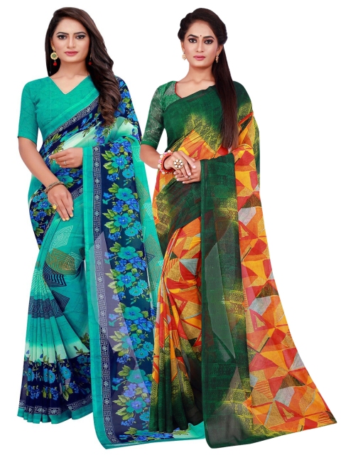 

KALINI Turquoise Blue & Green Printed Pure Georgette Saree