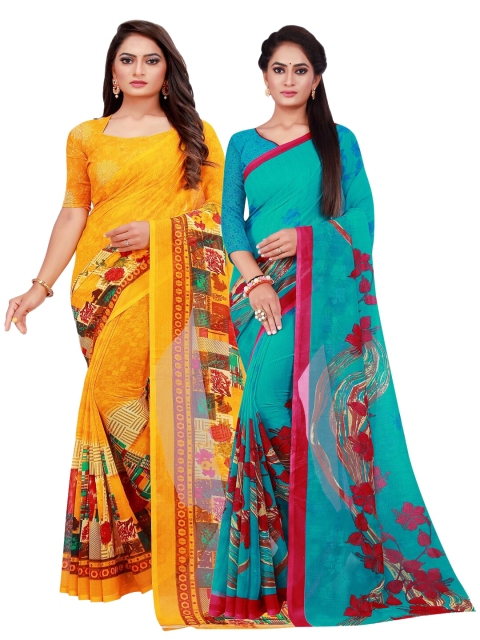 

KALINI Yellow & Turquoise Blue Printed Pure Georgette Saree