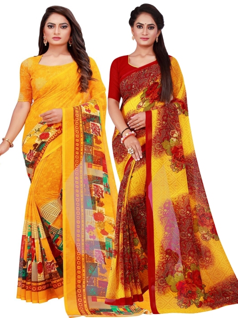 

KALINI Pack of 2 Maroon & Yellow Printed Pure Georgette Sarees