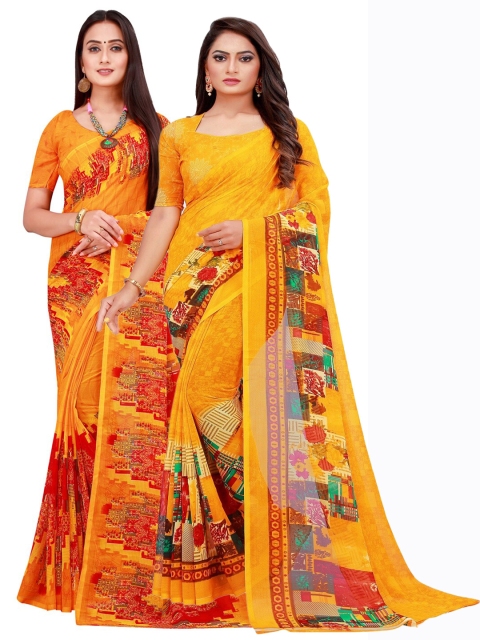 

KALINI Pack of 2 Orange & Yellow Printed Pure Georgette Sarees