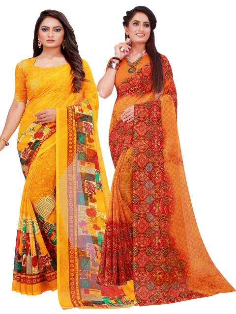 

KALINI Pack of 2 Orange & Red Printed Pure Georgette Saree