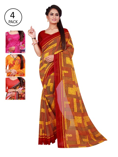 

KALINI Orange & Magenta Set Of 4 Pure Georgette Saree