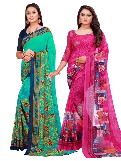 

KALINI Pack of 2 Pure Georgette Sarees, Green