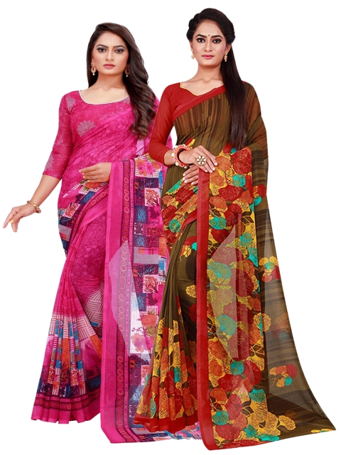 

KALINI Pack of 2 Magenta & Brown Printed Pure Georgette Saree