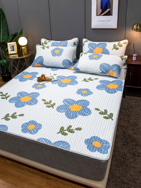 

JC Collection White & Blue Printed Fitted Double Queen Size Bed Cover