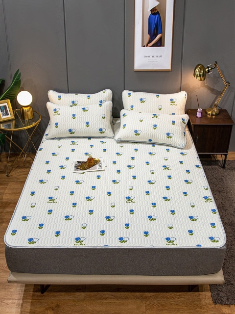 

JC Collection White & Blue Printed Double Queen Bed Cover With Pillow Covers