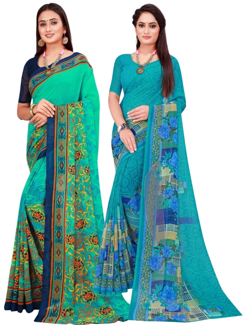 

KALINI Pack of 2 Green & Turquoise Blue Printed Pure Georgette Saree