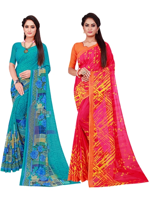 

KALINI Pack of 2 Turquoise Blue & Magenta Printed Pure Georgette Saree