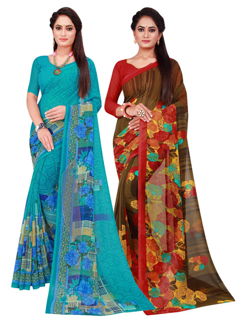 

KALINI Pack of 2 Pure Georgette Sarees, Turquoise blue