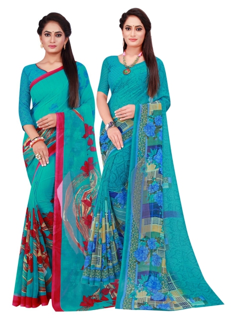 

KALINI Pack of 2 Turquoise Blue Printed Pure Georgette Saree