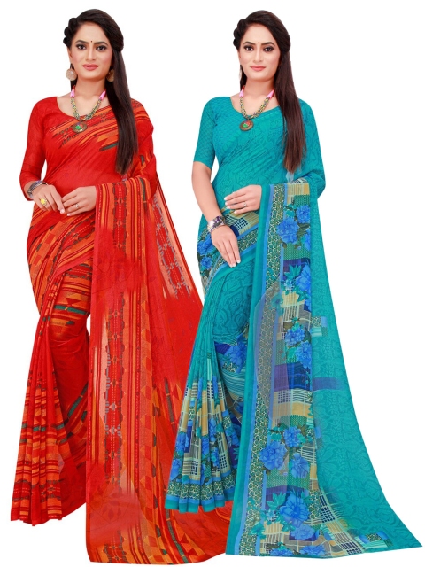 

KALINI Pack of 2 Turquoise Blue & Red Printed Pure Georgette Saree
