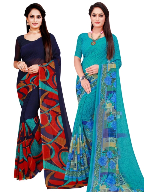 

KALINI Pack of 2 Navy Blue & Turquoise Blue Printed Pure Georgette Saree