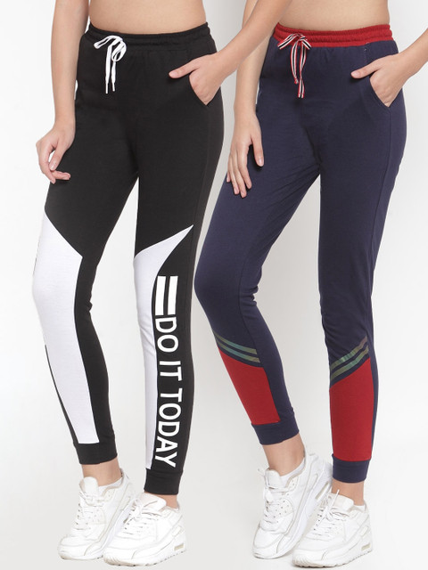 

Boston Club Pack of 2 Women Black & Navy Blue Colourblocked Cotton Joggers