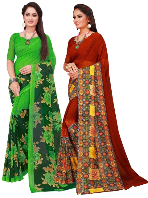 

KALINI Pack of 2 Green & Brown Printed Pure Georgette Saree