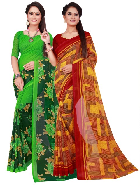 

KALINI Pack of 2 Green & Beige Printed Pure Georgette Saree