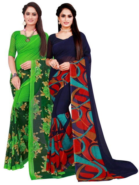 

KALINI Pack of 2 Printed Floral Pure Georgette Sarees, Green