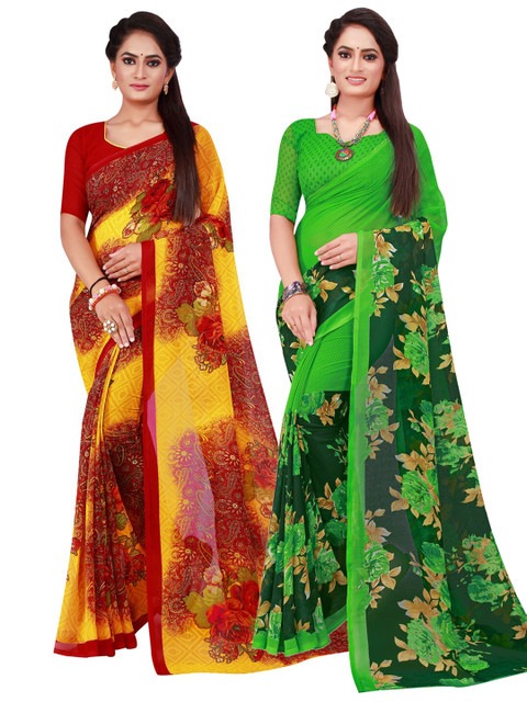 

KALINI Pack of 2 Maroon & Green Floral Pure Georgette Sarees