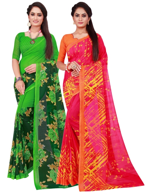 

KALINI Pack of 2 Green & Pink Floral Pure Georgette Sarees