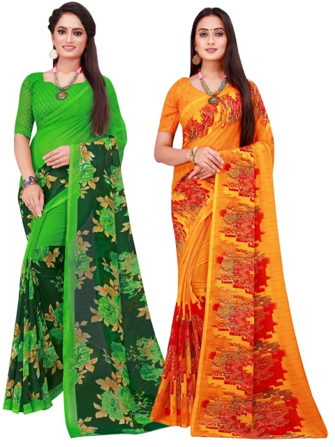 

KALINI Pack Of 2 Orange & Green Floral Printed Pure Georgette Saree