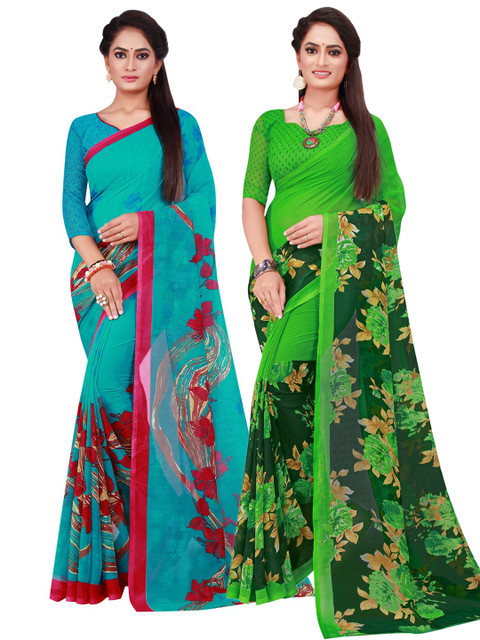 

KALINI Pack Of 2 Green & Blue Pure Georgette Saree