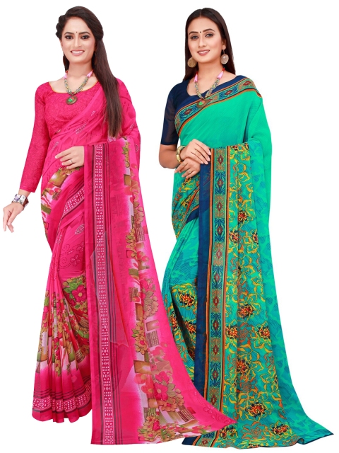 

Florence Set Of 2 Pink & Teal Blue Floral Pure Georgette Saree