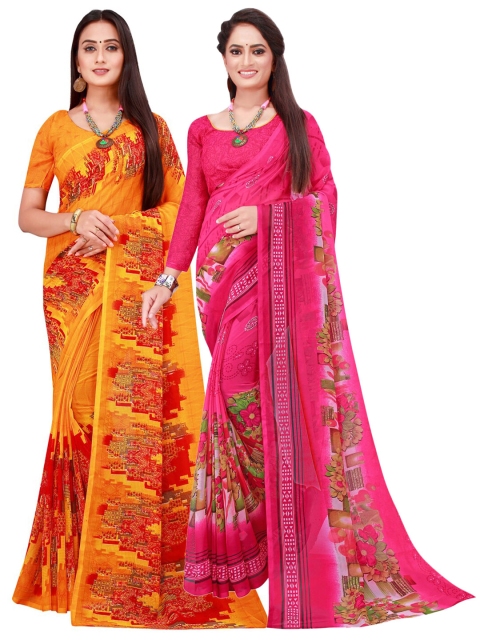 

Florence Pink & Orange Set Of 2 Floral Pure Georgette Saree
