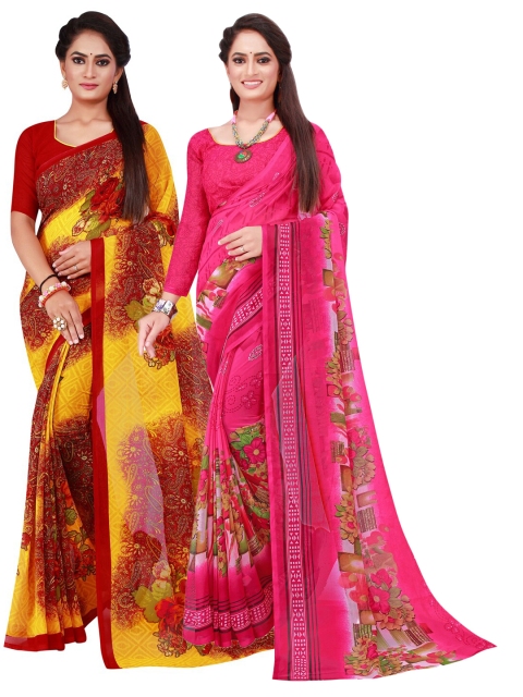 

Florence Pink & Yellow Floral Printed Pure Georgette Saree Pack Of 2