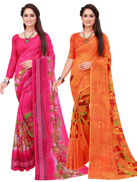 

Florence Pink & Orange Printed Pure Georgette Saree Pack Of 2
