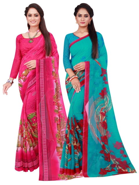 

Florence Pink & Red Set Of 2 Floral Pure Georgette Saree