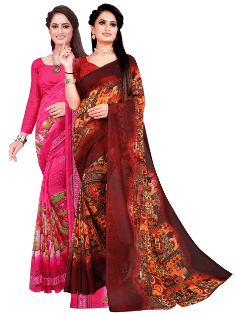 

Florence Set Of 2 Pink & Maroon Floral Pure Georgette Saree