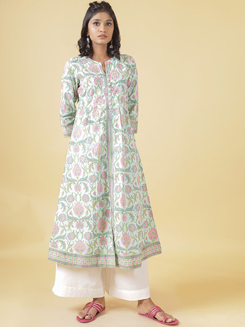 

Shuddhi Women Green & Pink Floral Printed Anarkali Kurta