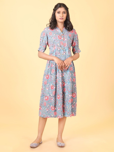 

Shuddhi Blue Floral Shirt Midi Dress
