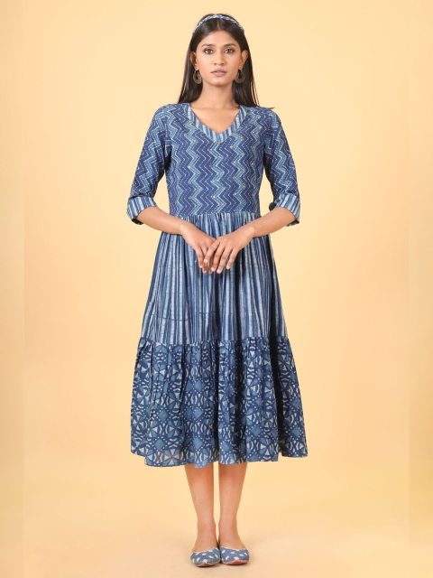 

Shuddhi Blue Ethnic Motifs A-Line Midi Dress