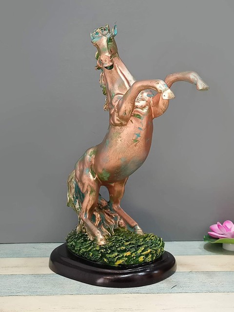 

CraftVatika Metallic & Green Horse with Uplifted Legs Standing Statue Showpiece