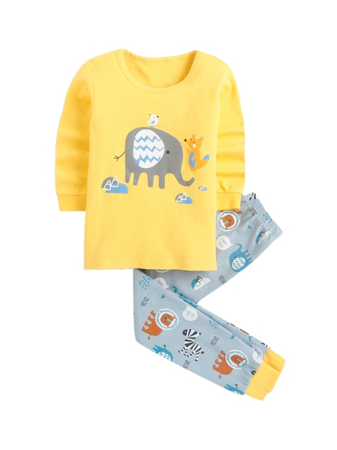 

Hopscotch Girls Yellow & Blue Printed Night suit