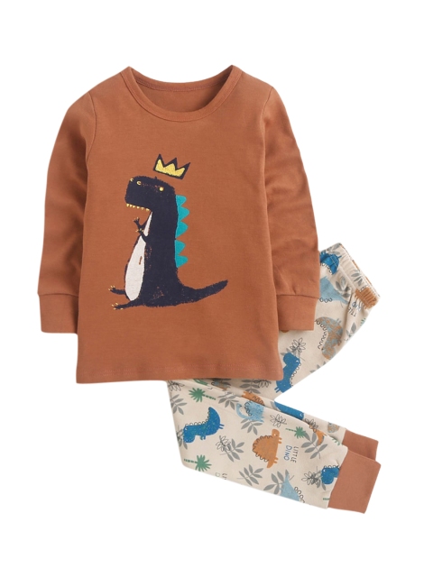 

Hopscotch Boys Brown & Cream-Coloured Printed Pure Cotton Night suit