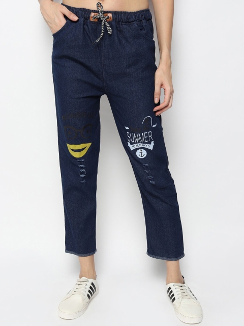 

Fleurt Women Navy Blue Comfort Mildly Distressed Printed Jeans