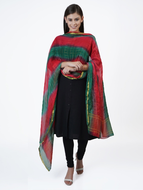 

La Vastraa Red & Green Checked Dupatta with Zari