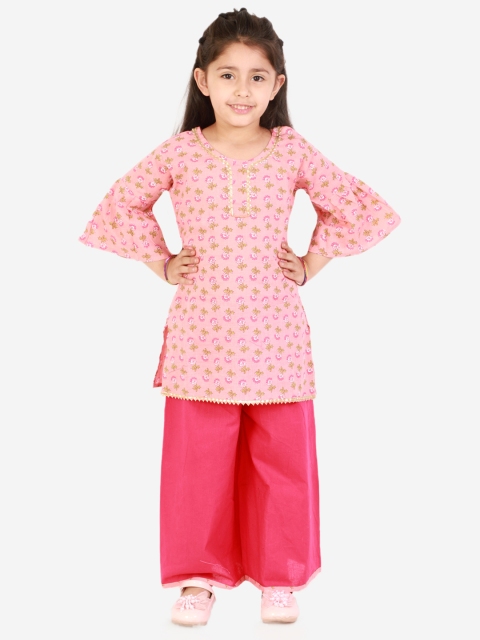 

Superminis Girls Pink Ethnic Motifs Printed Gotta Patti Pure Cotton Kurti with Palazzos