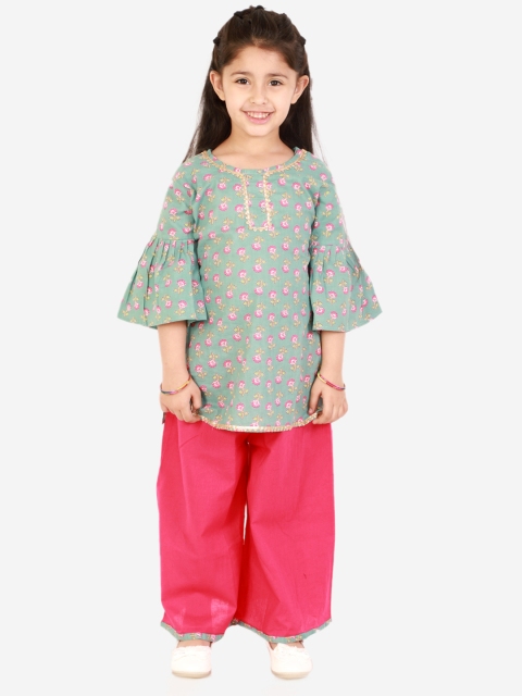 

Superminis Girls Blue & Pink Printed Pure Cotton Kurti with Palazzos