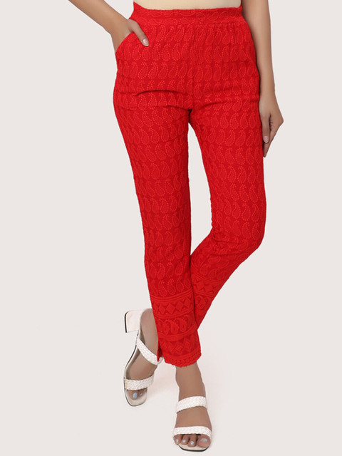 

ZRI Women Red Printed Smart Trousers