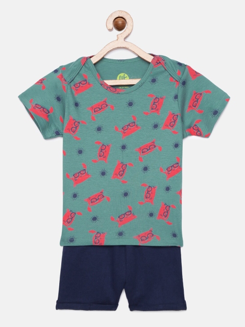 

YK Baby Boys Green & Navy Blue Printed T-shirt with Shorts