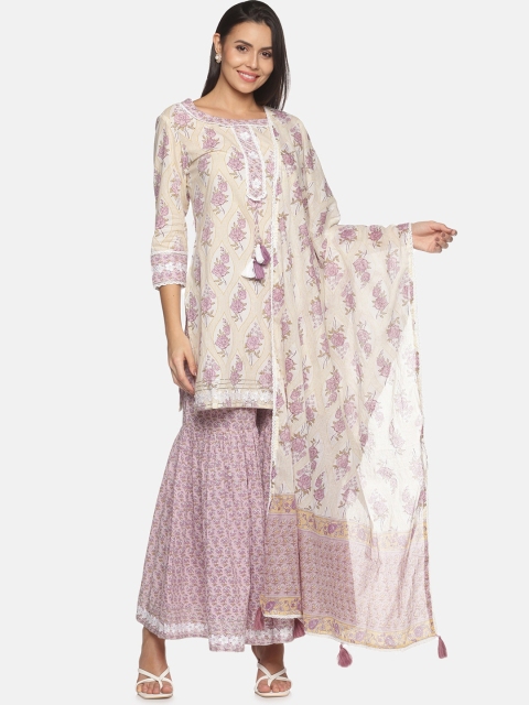 

Palakh Women White Printed Panelled Pure Cotton Kurti with Skirt & With Dupatta