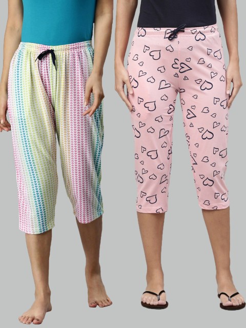 

Kryptic Women Pack of 2 Pink & Green Printed Capris