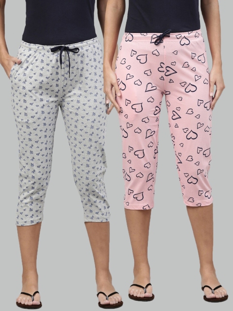 

Kryptic Women Pack of 2 Grey Melange & Pink Printed Capris
