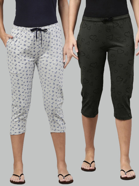 

Kryptic Women Set Of 2 Grey Melange & Olive Green Regular Fit Printed Lounge Capris