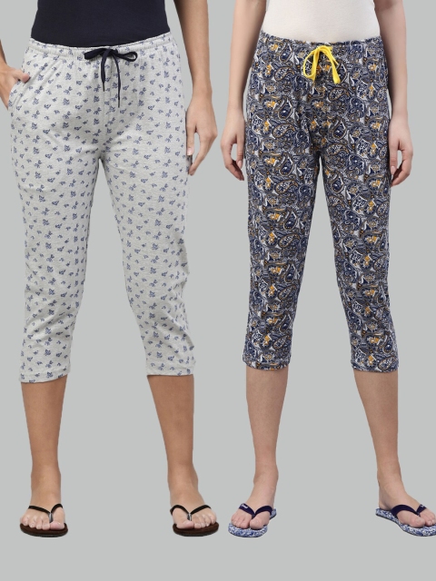 

Kryptic Women Grey Melange & Blue Set of 2 Printed Cotton Capris