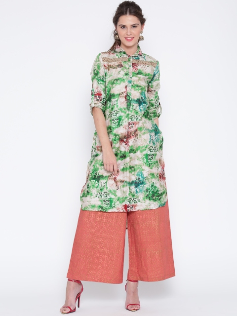 

Jashn Women Beige & Green Printed Pathani Kurta