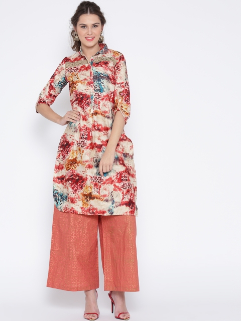 

Jashn Women Beige Printed High-Low Pathani Kurta